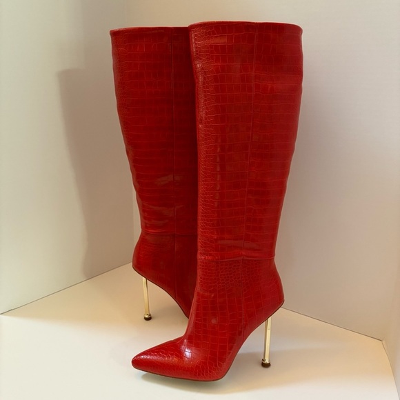 Unbranded Red Croc Embossed Knee High Boots Gold Heel Pointed Toe Size 8 - Picture 1 of 16